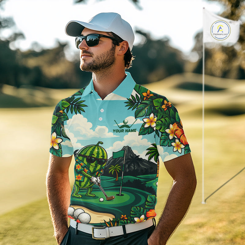 Funny Watermelon Golfer Monstera Tropical Polo Shirts Custom Golf Team Outfits Golf Gifts