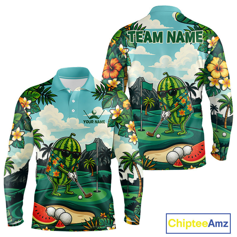 Funny Watermelon Golfer Monstera Tropical Polo Shirts Custom Golf Team Outfits Golf Gifts