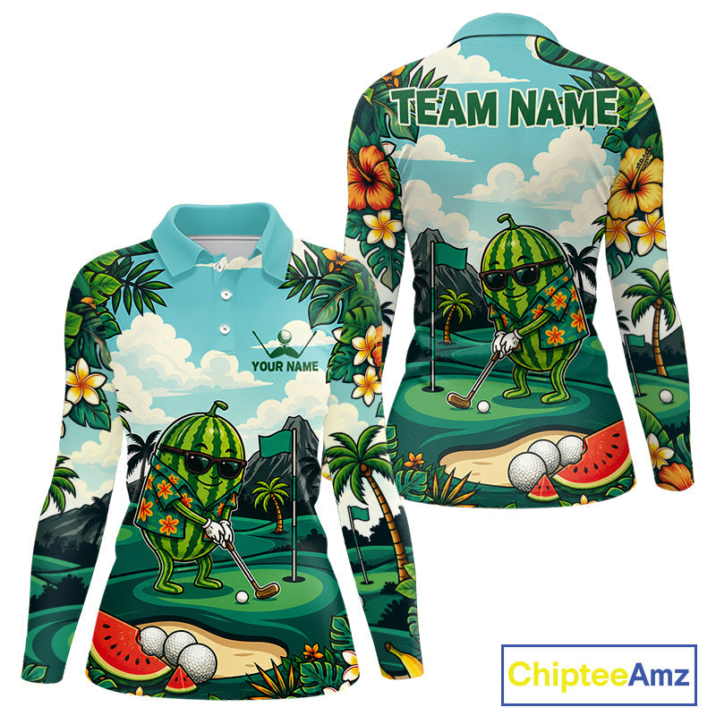Funny Watermelon Golfer Monstera Tropical Polo Shirts Custom Golf Team Outfits Golf Gifts