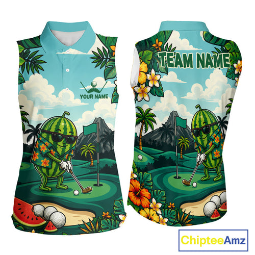 Funny Watermelon Golfer Monstera Tropical Sleeveless Polo Shirts Custom Golf Team Outfits Golf Gifts