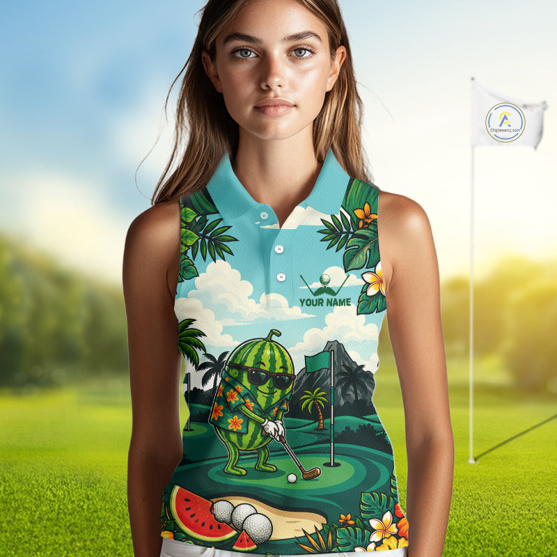 Funny Watermelon Golfer Monstera Tropical Sleeveless Polo Shirts Custom Golf Team Outfits Golf Gifts