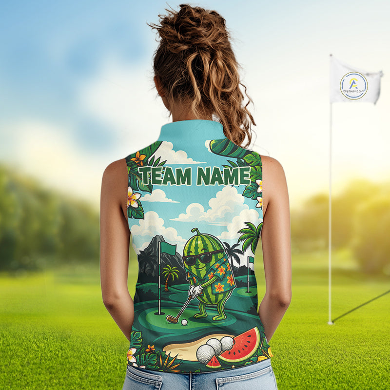 Funny Watermelon Golfer Monstera Tropical Sleeveless Polo Shirts Custom Golf Team Outfits Golf Gifts