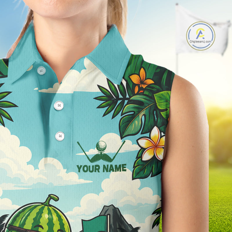 Funny Watermelon Golfer Monstera Tropical Sleeveless Polo Shirts Custom Golf Team Outfits Golf Gifts