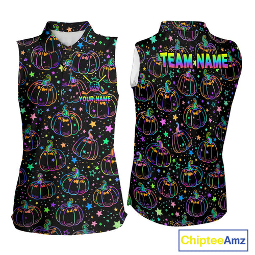 Rainbow Holographic Pumpkin Golf Sleeveless Polo Shirt Custom Halloween Golf Team Attire