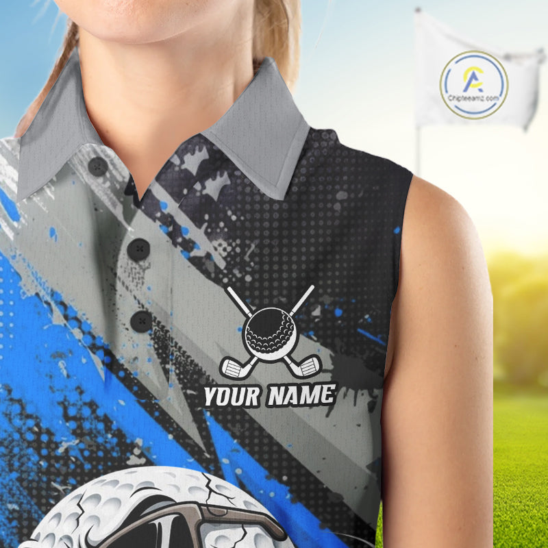 Funny Golfer Golf Sleeveless Polo Shirts Custom Blue And Grey Grunge Golf Team Outfits Golf Gifts