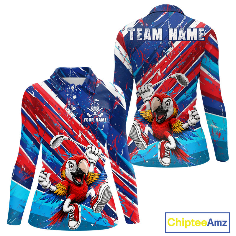 Funny Parrot Golfer Blue & Red Golf Polo Shirts Custom Parrot Golf Team Outfit Golf Gifts