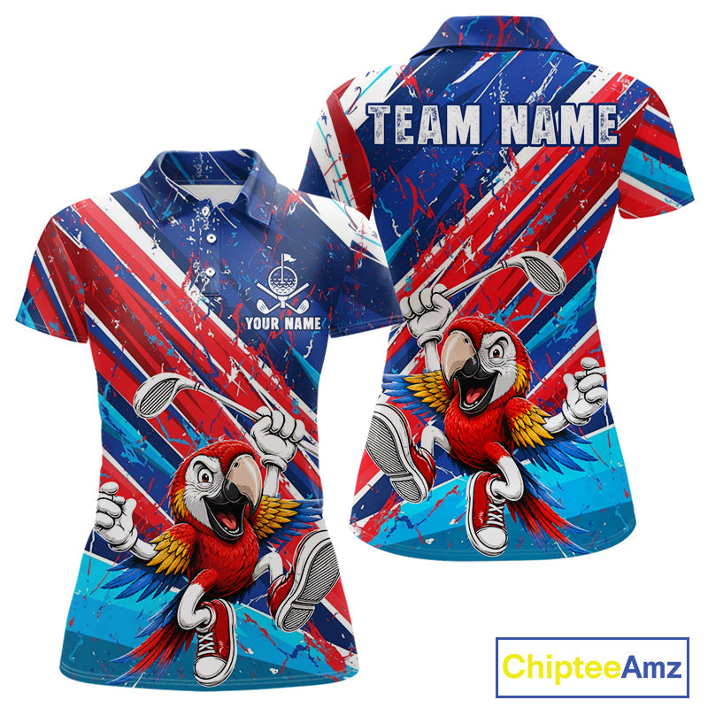 Funny Parrot Golfer Blue & Red Golf Polo Shirts Custom Parrot Golf Team Outfit Golf Gifts
