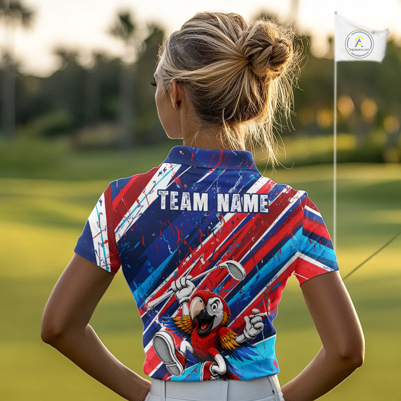 Funny Parrot Golfer Blue & Red Golf Polo Shirts Custom Parrot Golf Team Outfit Golf Gifts