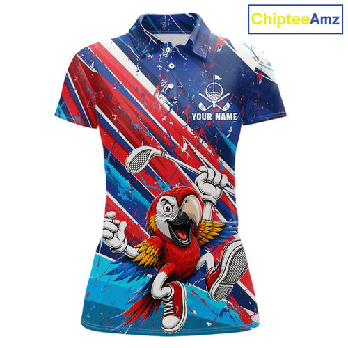 Funny Parrot Golfer Blue & Red Golf Polo Shirts Custom Parrot Golf Team Outfit Golf Gifts