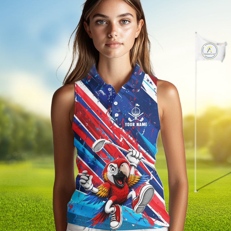 Funny Parrot Golfer Blue & Red Golf Sleeveless Polo Shirts Custom Parrot Golf Team Outfit Golf Gifts
