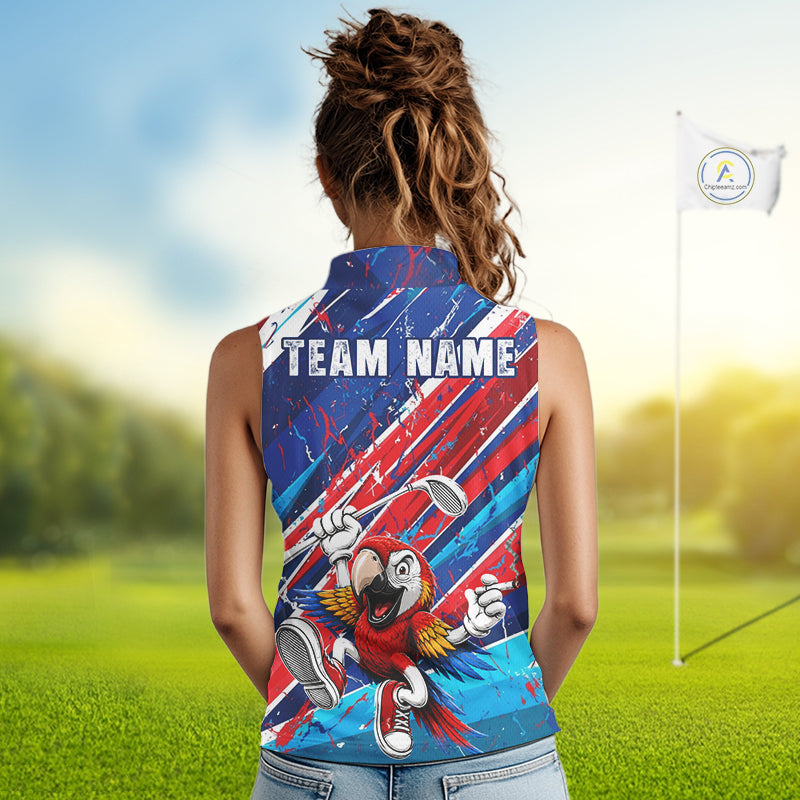 Funny Parrot Golfer Blue & Red Golf Sleeveless Polo Shirts Custom Parrot Golf Team Outfit Golf Gifts