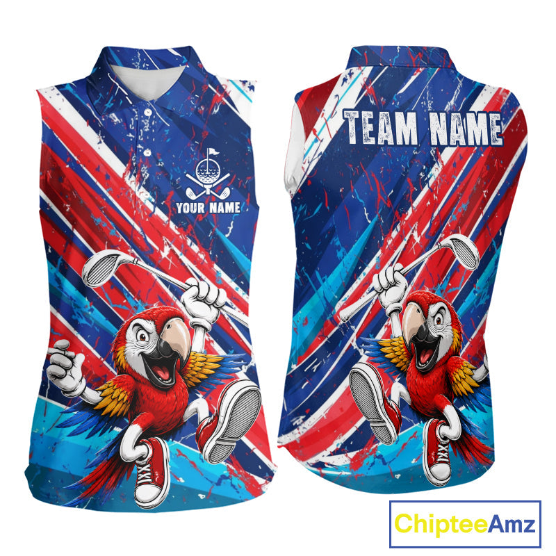 Funny Parrot Golfer Blue & Red Golf Sleeveless Polo Shirts Custom Parrot Golf Team Outfit Golf Gifts