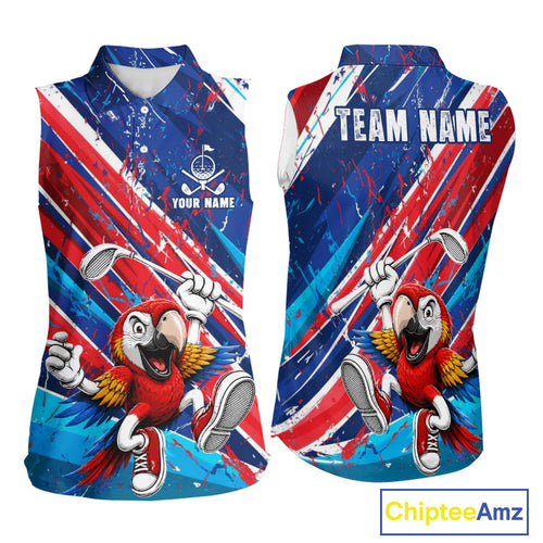 Funny Parrot Golfer Blue & Red Golf Sleeveless Polo Shirts Custom Parrot Golf Team Outfit Golf Gifts