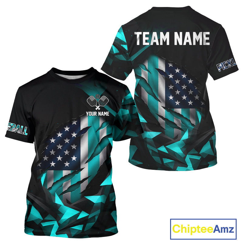 Custom Black & Turquoise Patriotic Pickleball T-Shirt US Flag Pickleball Jerseys