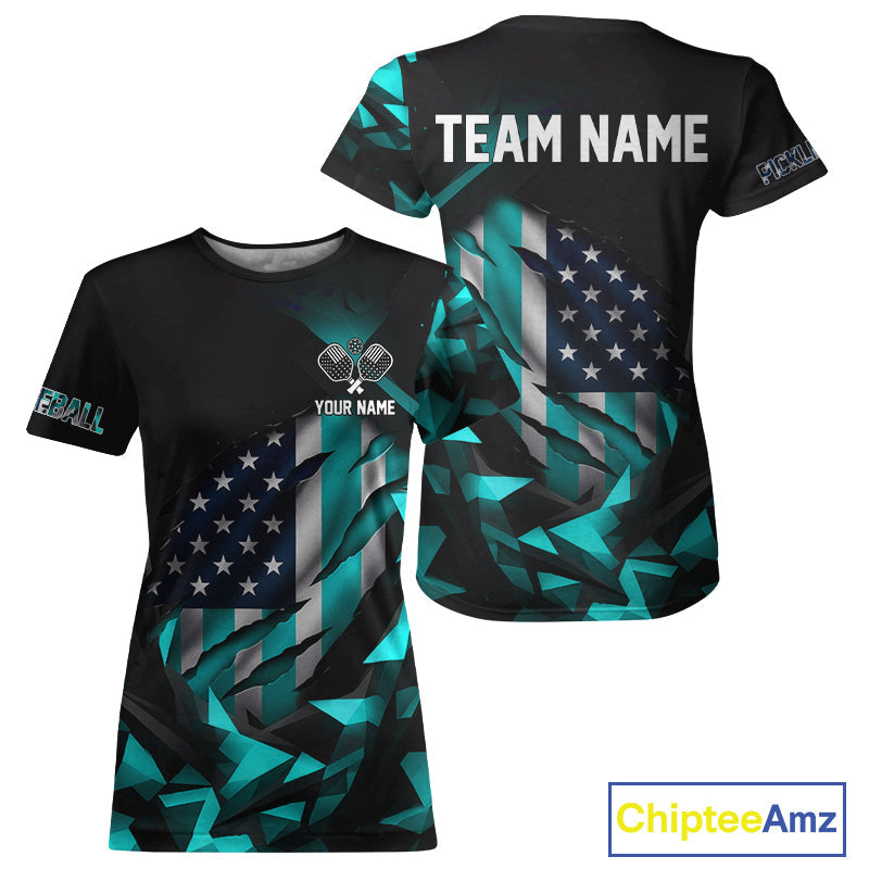 Custom Black & Turquoise Patriotic Pickleball T-Shirt US Flag Pickleball Jerseys