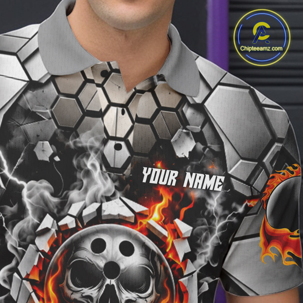 Red Flames Skull Bowling Ball Pins Polo 1/4-Zip Shirt Custom Skull Bowling Tournament Jersey
