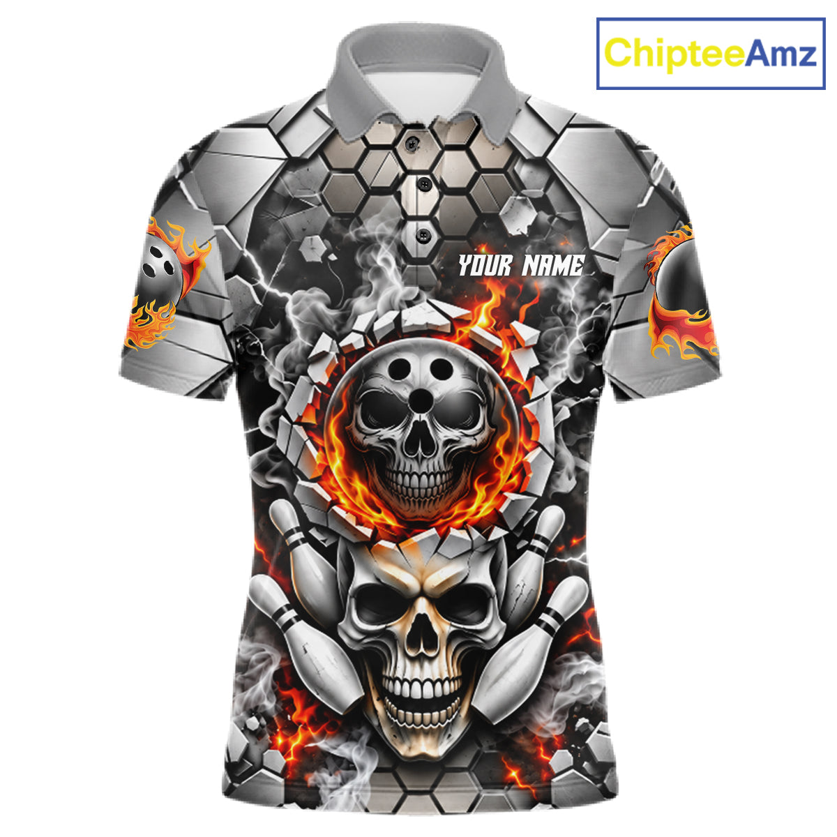 Red Flames Skull Bowling Ball Pins Polo 1/4-Zip Shirt Custom Skull Bowling Tournament Jersey