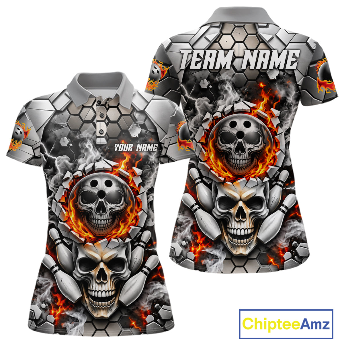 Red Flames Skull Bowling Ball Pins Polo 1/4-Zip Shirt Custom Skull Bowling Tournament Jersey