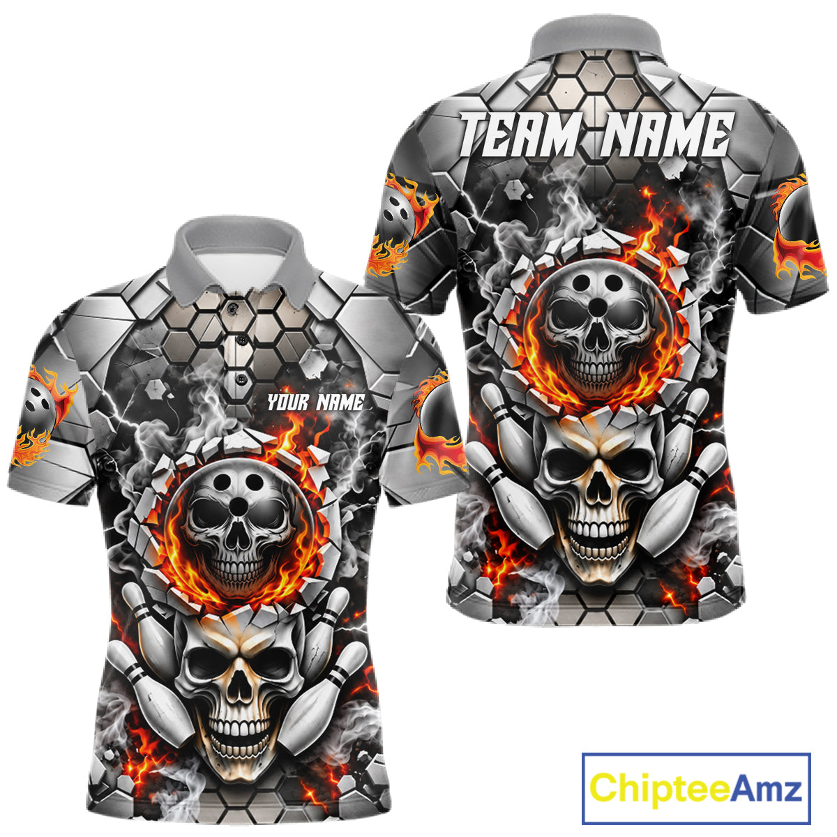 Red Flames Skull Bowling Ball Pins Polo 1/4-Zip Shirt Custom Skull Bowling Tournament Jersey