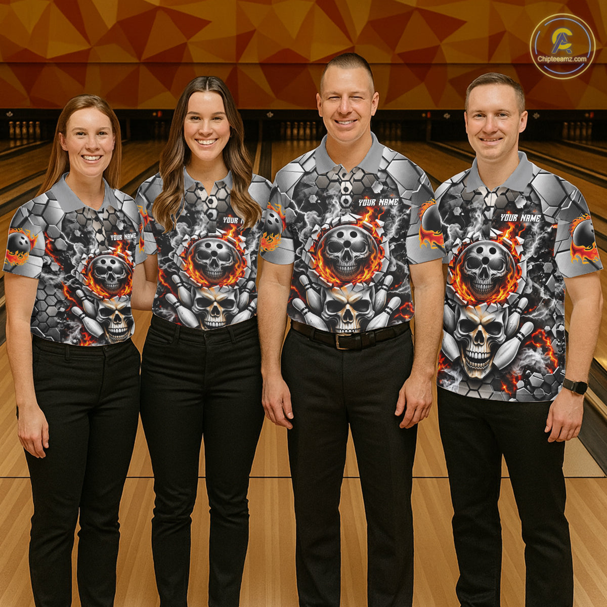 Red Flames Skull Bowling Ball Pins Polo 1/4-Zip Shirt Custom Skull Bowling Tournament Jersey