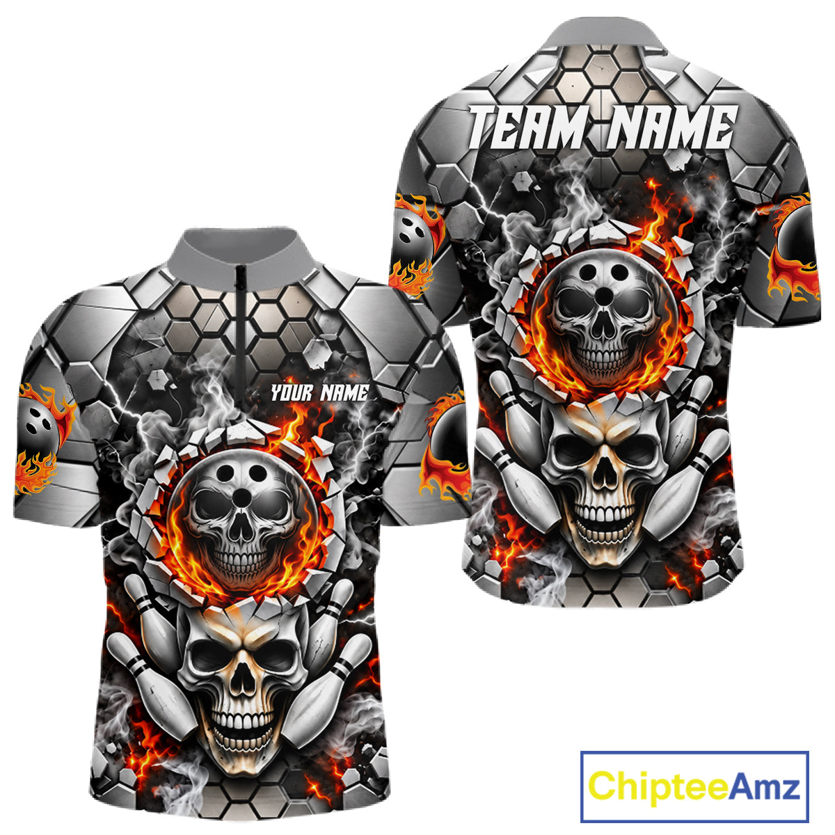 Red Flames Skull Bowling Ball Pins Polo 1/4-Zip Shirt Custom Skull Bowling Tournament Jersey