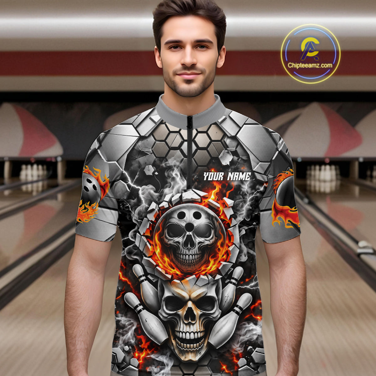 Red Flames Skull Bowling Ball Pins Polo 1/4-Zip Shirt Custom Skull Bowling Tournament Jersey