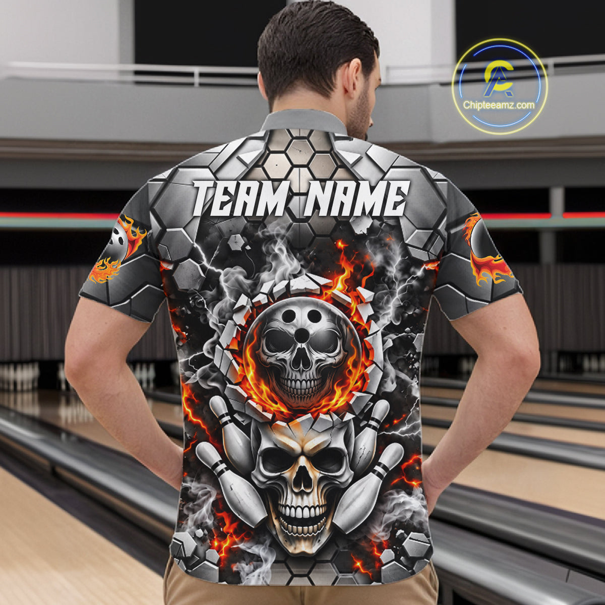 Red Flames Skull Bowling Ball Pins Polo 1/4-Zip Shirt Custom Skull Bowling Tournament Jersey