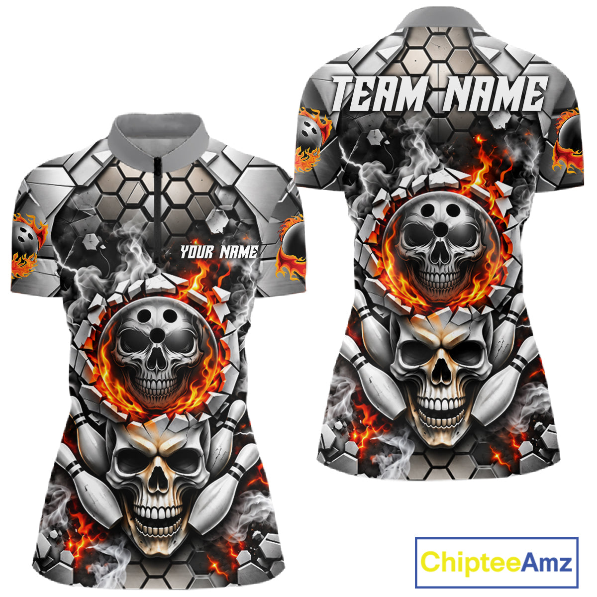 Red Flames Skull Bowling Ball Pins Polo 1/4-Zip Shirt Custom Skull Bowling Tournament Jersey