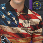 Fire & Gun Retro Bowling Polo 1/4-Zip Shirt Personalized US Flag Cowboy Skull Bowling Jersey