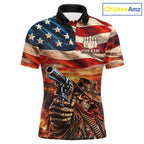 Fire & Gun Retro Bowling Polo 1/4-Zip Shirt Personalized US Flag Cowboy Skull Bowling Jersey
