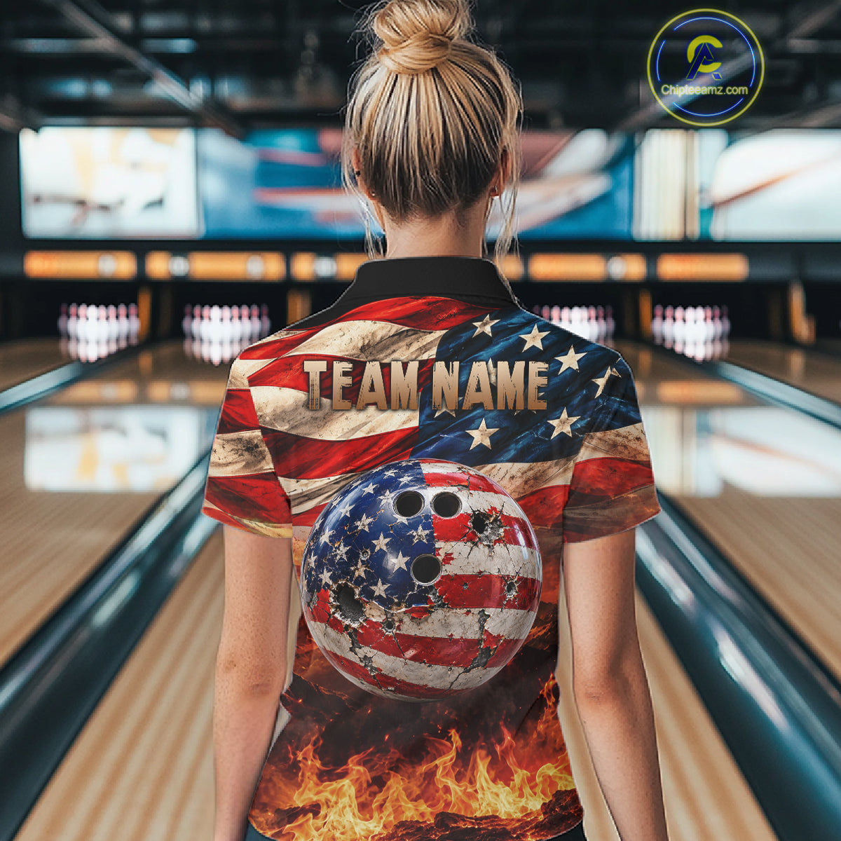 Fire & Gun Retro Bowling Polo 1/4-Zip Shirt Personalized US Flag Cowboy Skull Bowling Jersey