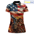 Fire & Gun Retro Bowling Polo 1/4-Zip Shirt Personalized US Flag Cowboy Skull Bowling Jersey