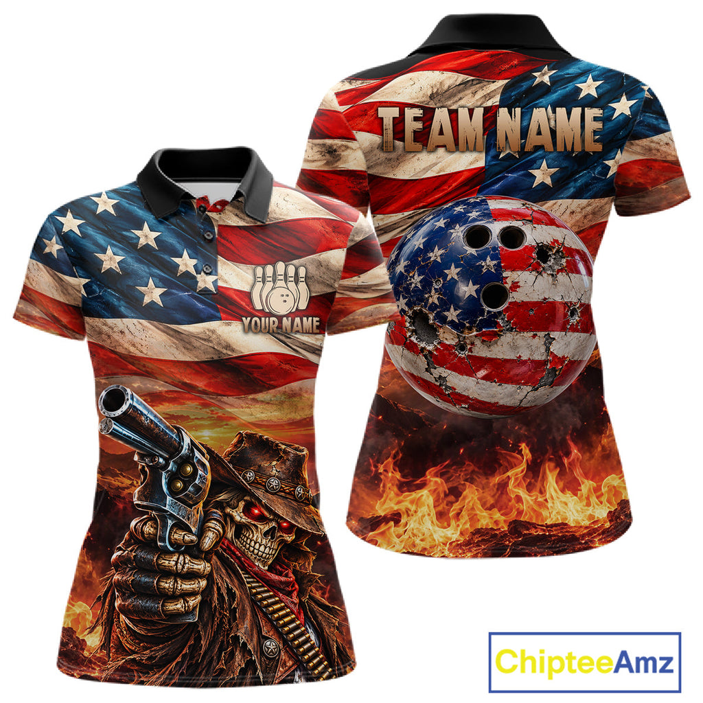 Fire & Gun Retro Bowling Polo 1/4-Zip Shirt Personalized US Flag Cowboy Skull Bowling Jersey