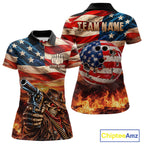 Fire & Gun Retro Bowling Polo 1/4-Zip Shirt Personalized US Flag Cowboy Skull Bowling Jersey