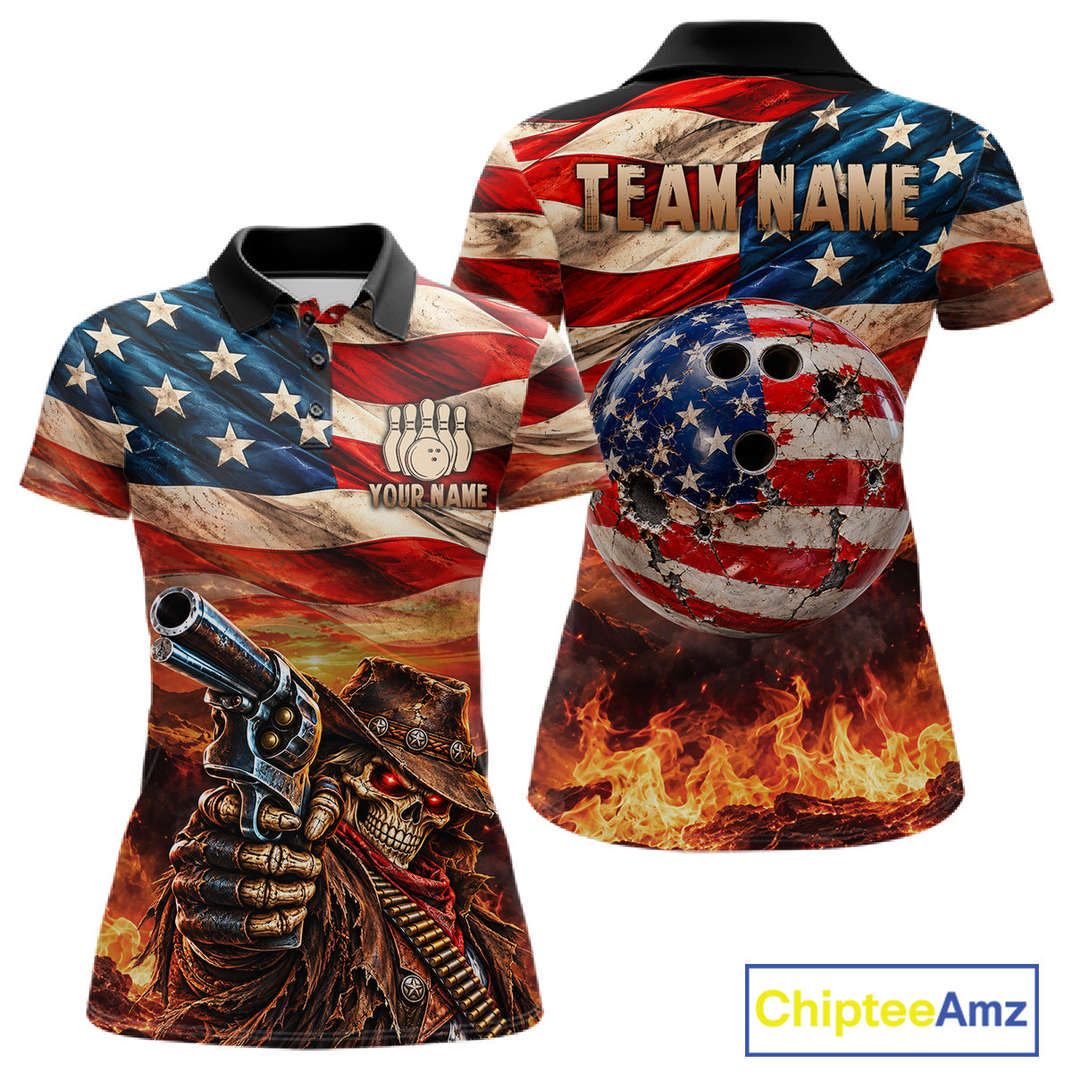Fire & Gun Retro Bowling Polo 1/4-Zip Shirt Personalized US Flag Cowboy Skull Bowling Jersey