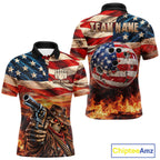 Fire & Gun Retro Bowling Polo 1/4-Zip Shirt Personalized US Flag Cowboy Skull Bowling Jersey