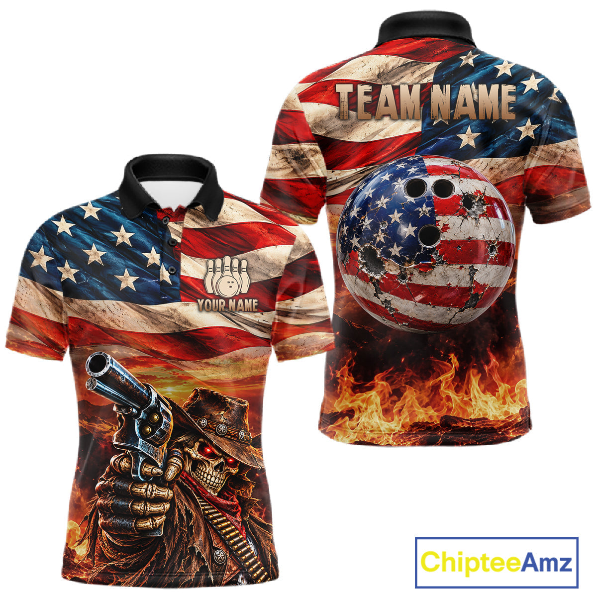 Fire & Gun Retro Bowling Polo 1/4-Zip Shirt Personalized US Flag Cowboy Skull Bowling Jersey