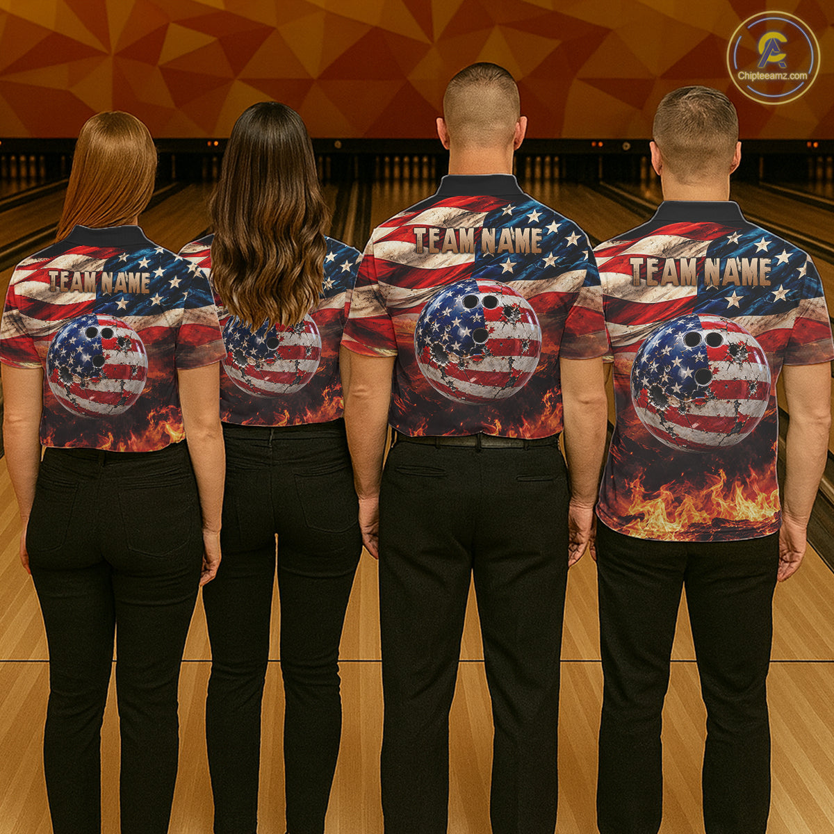Fire & Gun Retro Bowling Polo 1/4-Zip Shirt Personalized US Flag Cowboy Skull Bowling Jersey