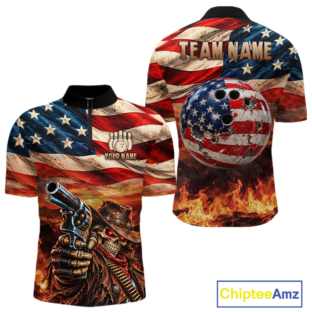 Fire & Gun Retro Bowling Polo 1/4-Zip Shirt Personalized US Flag Cowboy Skull Bowling Jersey