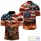 Fire & Gun Retro Bowling Polo 1/4-Zip Shirt Personalized US Flag Cowboy Skull Bowling Jersey