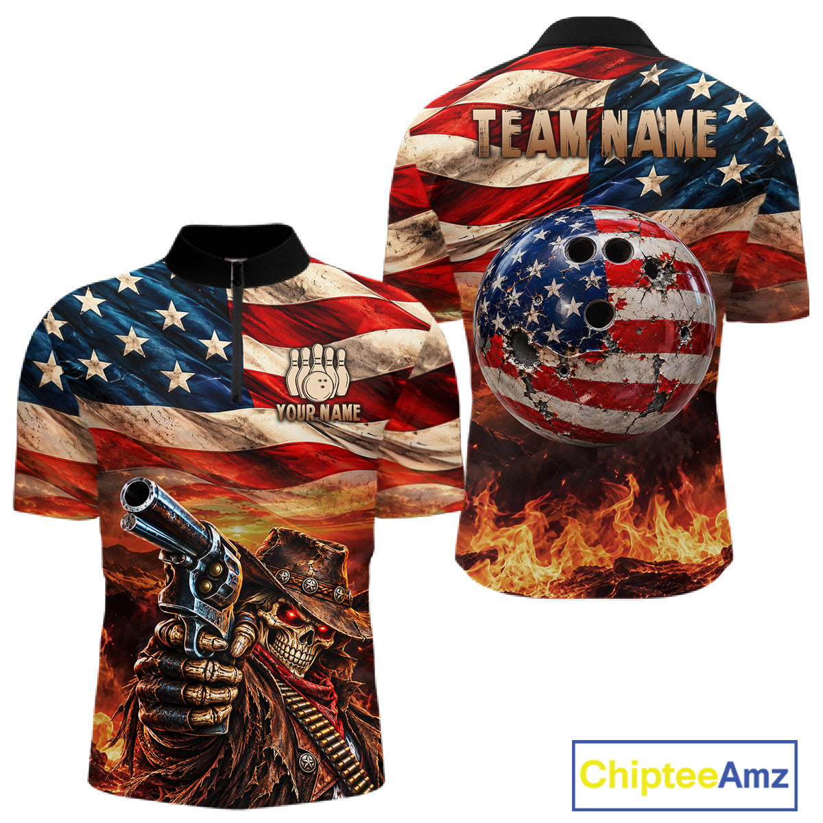 Fire & Gun Retro Bowling Polo 1/4-Zip Shirt Personalized US Flag Cowboy Skull Bowling Jersey