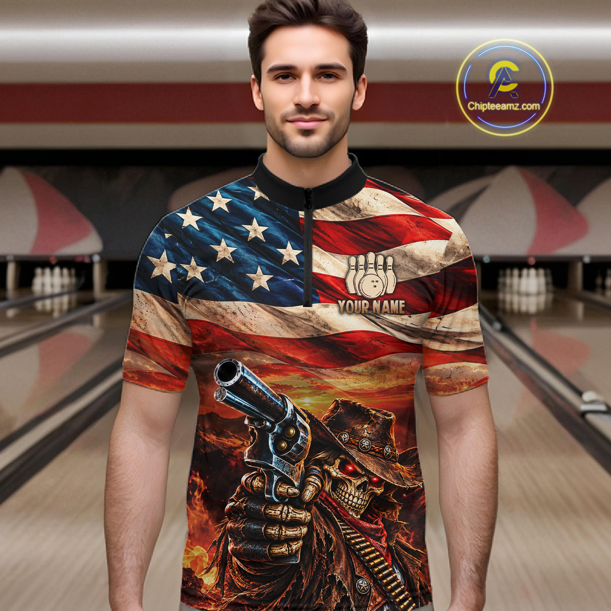 Fire & Gun Retro Bowling Polo 1/4-Zip Shirt Personalized US Flag Cowboy Skull Bowling Jersey