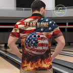 Fire & Gun Retro Bowling Polo 1/4-Zip Shirt Personalized US Flag Cowboy Skull Bowling Jersey