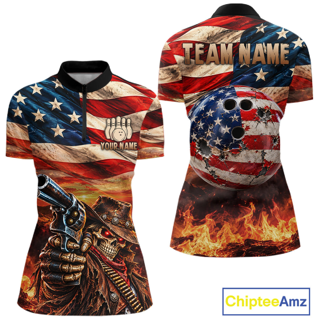 Fire & Gun Retro Bowling Polo 1/4-Zip Shirt Personalized US Flag Cowboy Skull Bowling Jersey