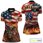 Fire & Gun Retro Bowling Polo 1/4-Zip Shirt Personalized US Flag Cowboy Skull Bowling Jersey