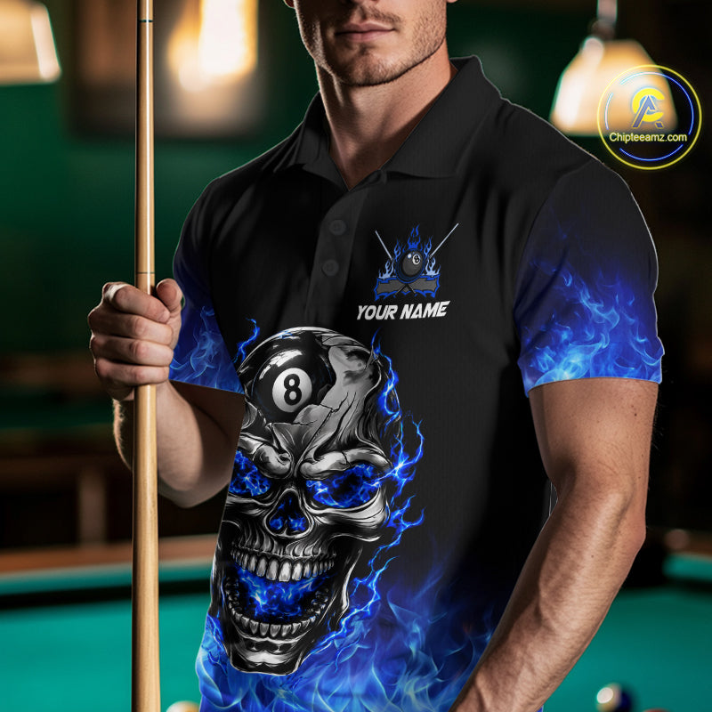 Custom Thunder Blue & Silver Skull 8 Ball Billiard Shirt Billiards Team 1/4-Zip Polo Jersey
