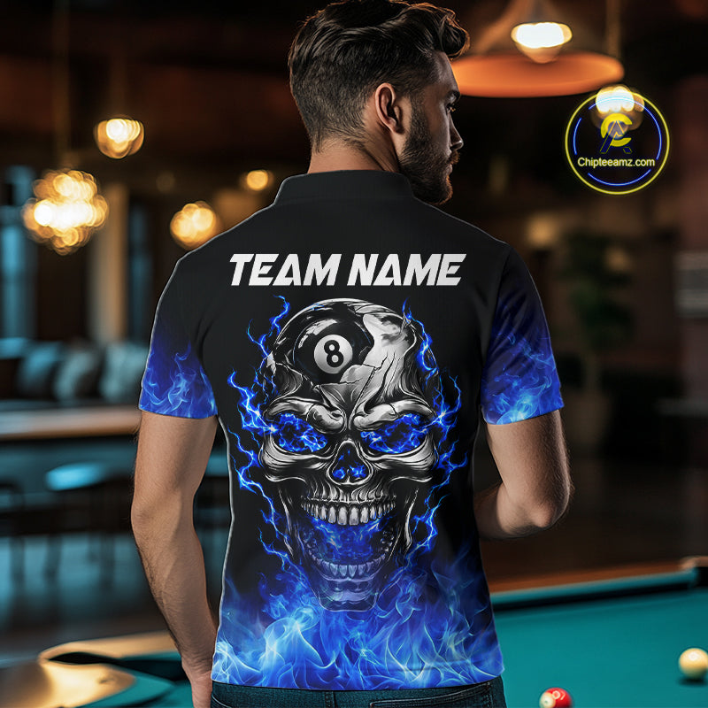 Custom Thunder Blue & Silver Skull 8 Ball Billiard Shirt Billiards Team 1/4-Zip Polo Jersey