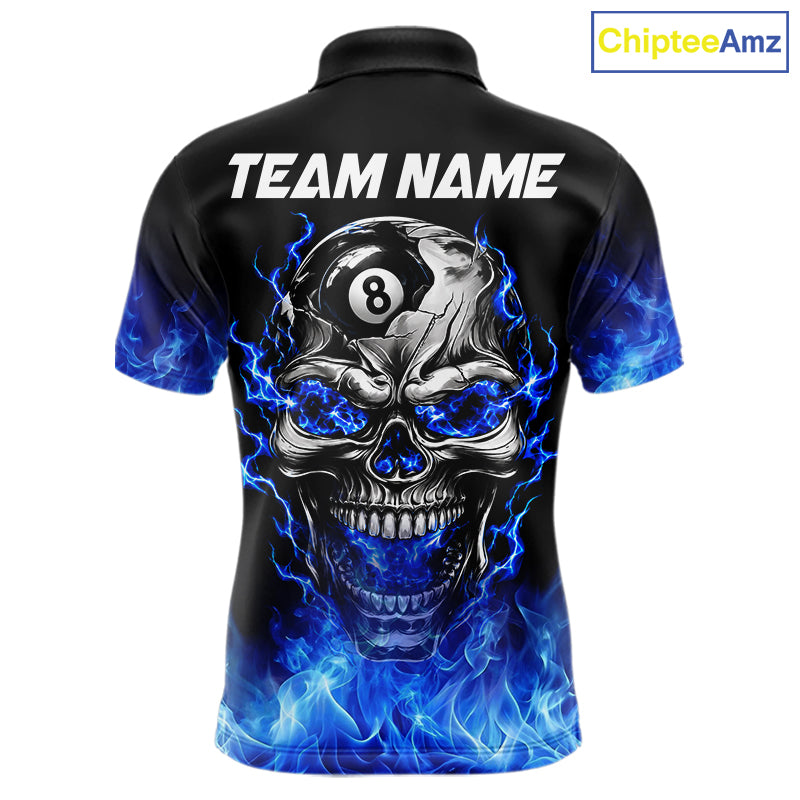 Custom Thunder Blue & Silver Skull 8 Ball Billiard Shirt Billiards Team 1/4-Zip Polo Jersey