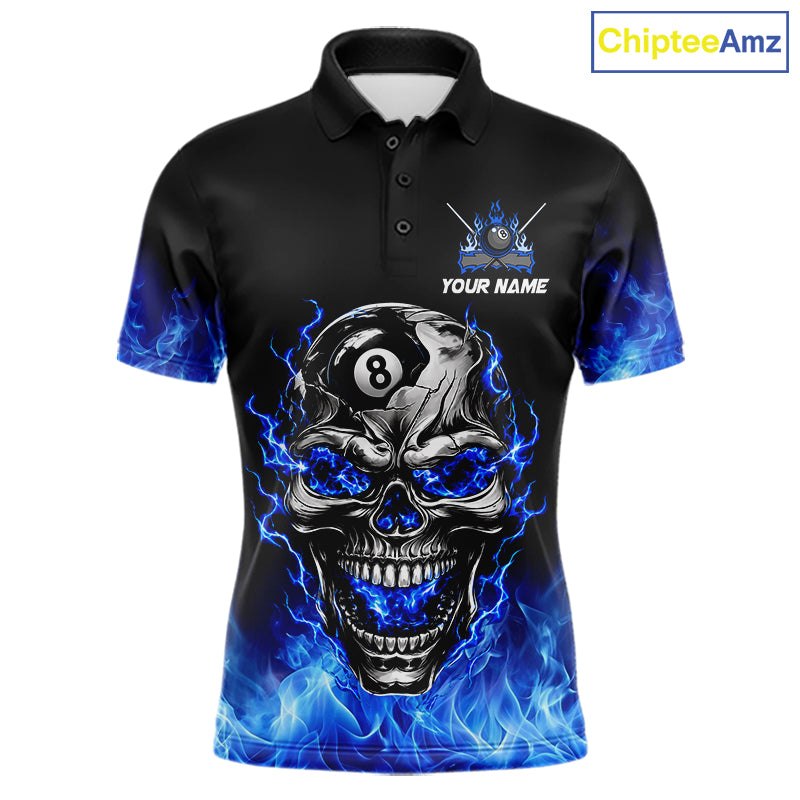 Custom Thunder Blue & Silver Skull 8 Ball Billiard Shirt Billiards Team 1/4-Zip Polo Jersey