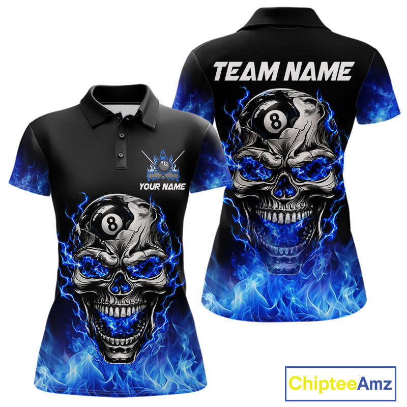 Custom Thunder Blue & Silver Skull 8 Ball Billiard Shirt Billiards Team 1/4-Zip Polo Jersey